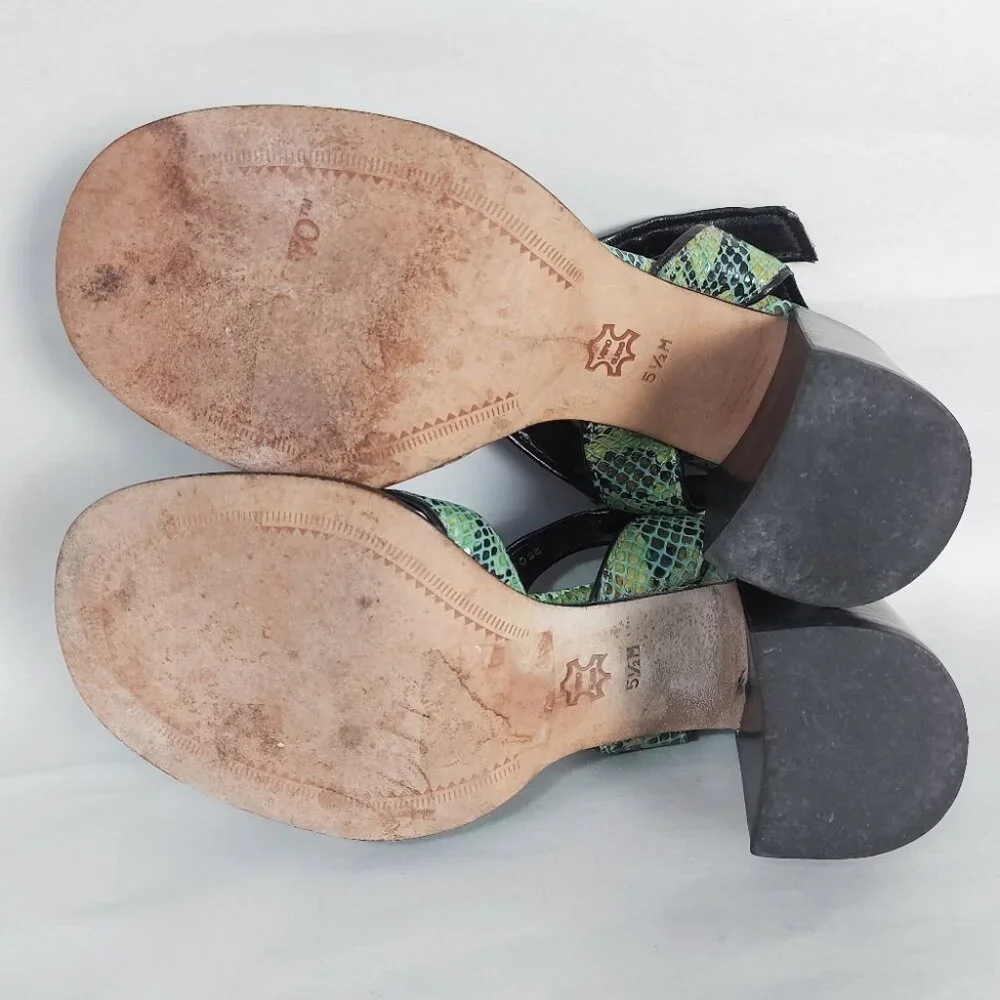 Franco Sarto Women 90s Open-Toe Strappy Sandals 5.5 Green Snakeskin Block Heel